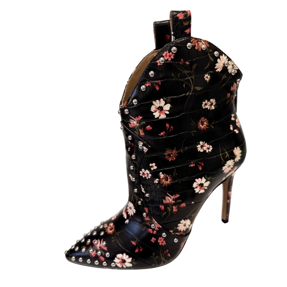 Jessica Simpson Black Floral Croc Studded Pointed Toe Stiletto Ankle Boots 7.5M - Picture 6 of 11